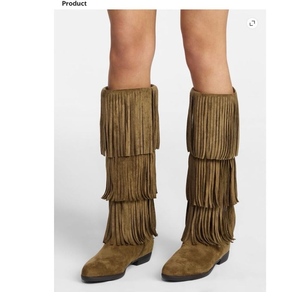 No Boundaries Tan Tall Faux Suede Fringe Boots Size 6